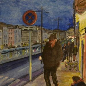 gouache painting of nightfall in Sète France