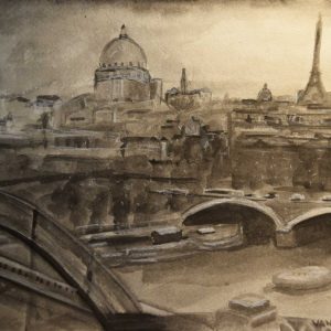 paris cityscape in the rain graphite on paper